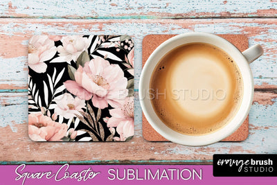Watercolor Flowers Square Coaster - Floral Pink Sublimation Sublimation OrangeBrushStudio 