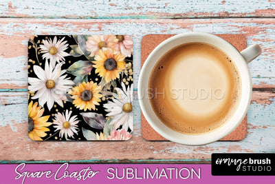 Watercolor Flowers Square Coaster - Floral Pink Sublimation Sublimation OrangeBrushStudio 