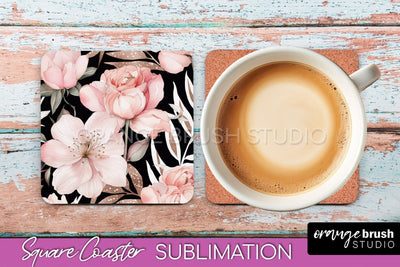 Watercolor Flowers Square Coaster - Floral Pink Sublimation Sublimation OrangeBrushStudio 