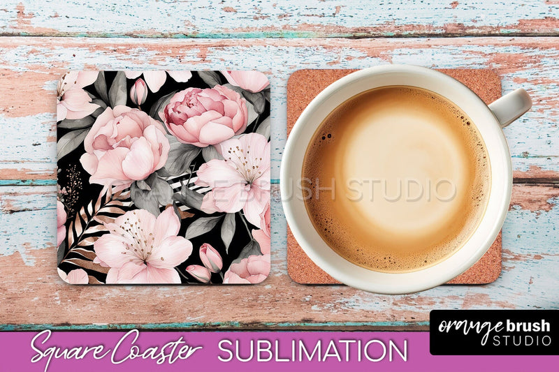 Watercolor Flowers Square Coaster - Floral Pink Sublimation Sublimation OrangeBrushStudio 