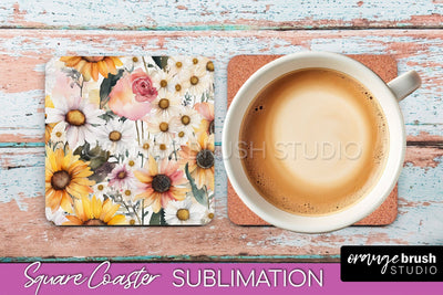 Watercolor Flowers Square Coaster - Floral Pink Sublimation Sublimation OrangeBrushStudio 