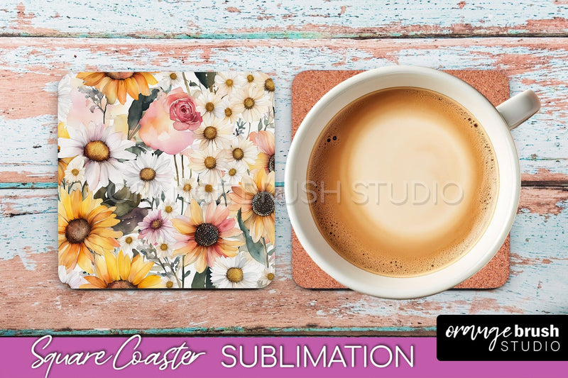 Watercolor Flowers Square Coaster - Floral Pink Sublimation Sublimation OrangeBrushStudio 