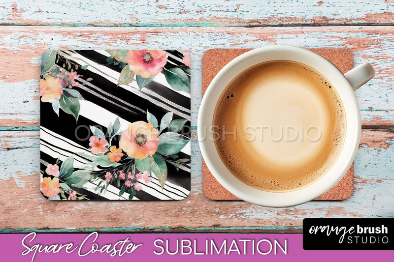 Watercolor Flowers Square Coaster - Floral Pink Sublimation Sublimation OrangeBrushStudio 