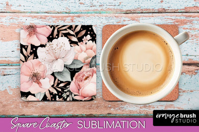 Watercolor Flowers Square Coaster - Floral Pink Sublimation Sublimation OrangeBrushStudio 