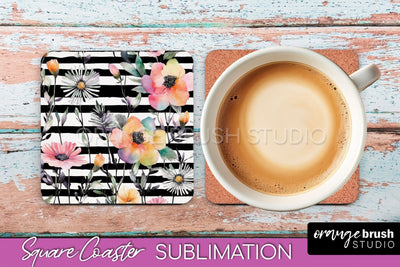 Watercolor Flowers Square Coaster - Floral Pink Sublimation Sublimation OrangeBrushStudio 