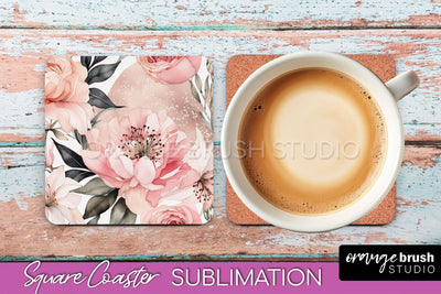 Watercolor Flowers Square Coaster - Floral Pink Sublimation Sublimation OrangeBrushStudio 