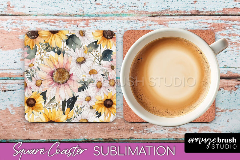 Watercolor Flowers Square Coaster - Floral Pink Sublimation Sublimation OrangeBrushStudio 