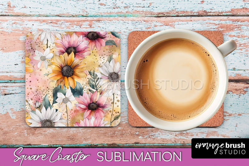 Watercolor Flowers Square Coaster - Floral Pink Sublimation Sublimation OrangeBrushStudio 