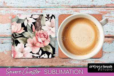 Watercolor Flowers Square Coaster - Floral Pink Sublimation Sublimation OrangeBrushStudio 