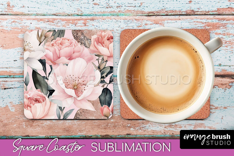 Watercolor Flowers Square Coaster - Floral Pink Sublimation Sublimation OrangeBrushStudio 
