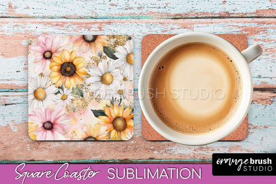 Watercolor Flowers Square Coaster - Floral Pink Sublimation Sublimation OrangeBrushStudio 