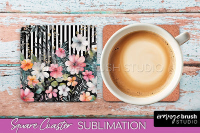 Watercolor Flowers Square Coaster - Floral Pink Sublimation Sublimation OrangeBrushStudio 