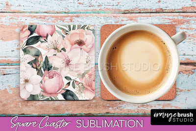 Watercolor Flowers Square Coaster - Floral Pink Sublimation Sublimation OrangeBrushStudio 