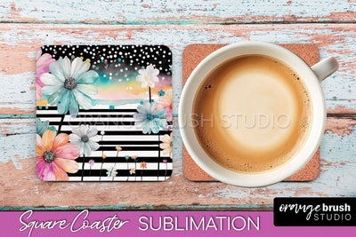 Watercolor Flowers Square Coaster - Floral Pink Sublimation Sublimation OrangeBrushStudio 