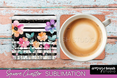 Watercolor Flowers Square Coaster - Floral Pink Sublimation Sublimation OrangeBrushStudio 