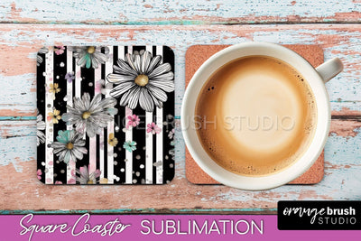 Watercolor Flowers Square Coaster - Floral Pink Sublimation Sublimation OrangeBrushStudio 