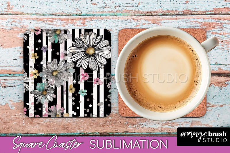 Watercolor Flowers Square Coaster - Floral Pink Sublimation Sublimation OrangeBrushStudio 
