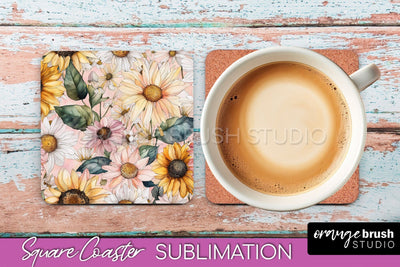Watercolor Flowers Square Coaster - Floral Pink Sublimation Sublimation OrangeBrushStudio 