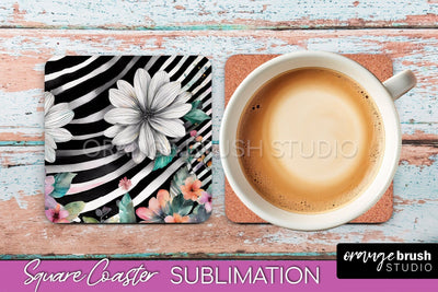 Watercolor Flowers Square Coaster - Floral Pink Sublimation Sublimation OrangeBrushStudio 