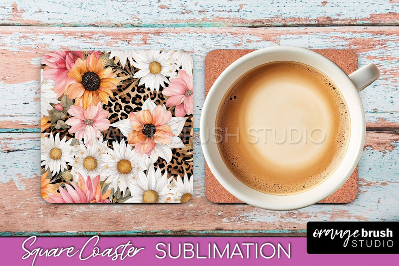 Watercolor Flowers Square Coaster - Floral Pink Sublimation Sublimation OrangeBrushStudio 