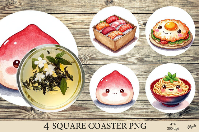 Watercolor Food Coaster. Kawaii Round Coaster Sublimation Sublimation Olga Terlyanskaya 