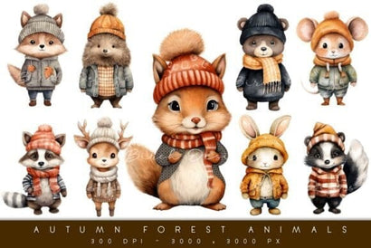 Watercolor Forest Animals, Cute Autumn Clipart Sublimation Birch Designs 