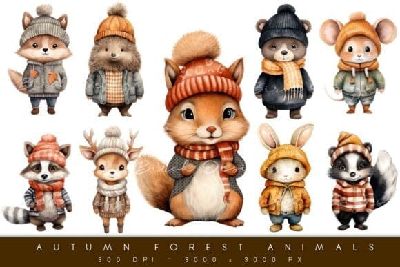 Watercolor Forest Animals, Cute Autumn Clipart Sublimation Birch Designs 