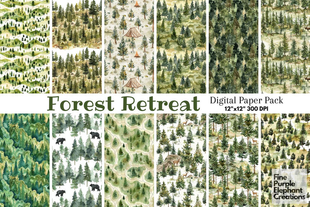 Watercolor Forest Camping Digital Paper | Green Trees Sublimation Digital Pattern Fine Purple Elephant Creations 