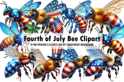 Watercolor Fourth of July Bee Clipart Sublimation Rupkotha 