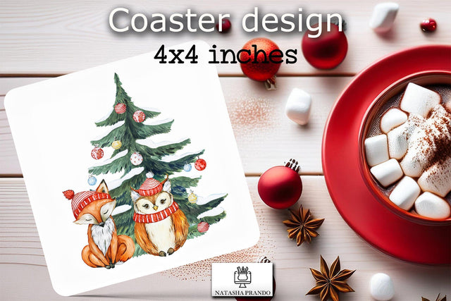 Watercolor Fox and Owl Coaster Sublimation Design Sublimation Natasha Prando 