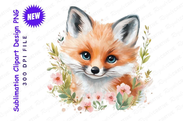 Watercolor Fox Clipart With Floral Decoration Sublimation Regulrcrative 