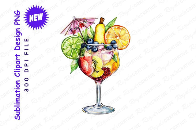 Watercolor Fruit Cocktail In Glass With Umbrella And Fresh Tropical Fruits Illustration Sublimation Regulrcrative 