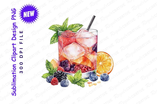 Watercolor Fruit Cocktail With Berries And Orange Sublimation Regulrcrative 