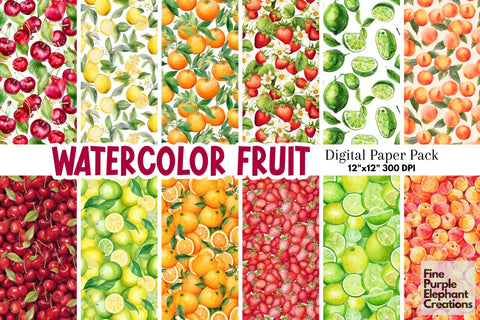 Watercolor Fruit Digital Paper | Half-Sliced Fruits Sublimation Digital Pattern Fine Purple Elephant Creations 
