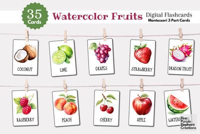 Watercolor Fruit Flashcards | Preschool Montessori Cards Digital Pattern Fine Purple Elephant Creations 