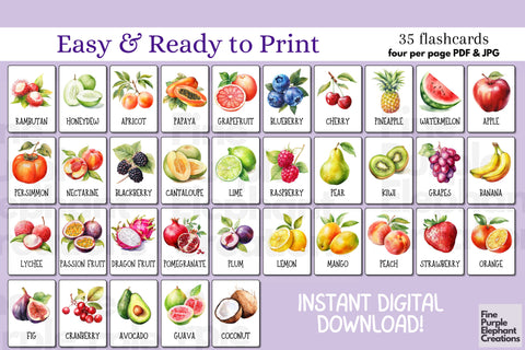 Watercolor Fruit Flashcards | Preschool Montessori Cards Digital Pattern Fine Purple Elephant Creations 