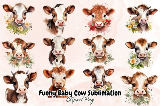Watercolor Funny Baby Cow Sublimation Clipart Bundle Sublimation Designangry 