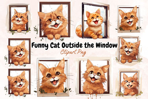 Watercolor Funny Cat Outside the Window Clipart Bundle Sublimation Designangry 