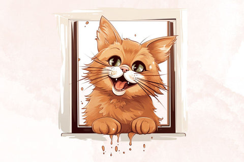 Watercolor Funny Cat Outside the Window Clipart Bundle Sublimation Designangry 