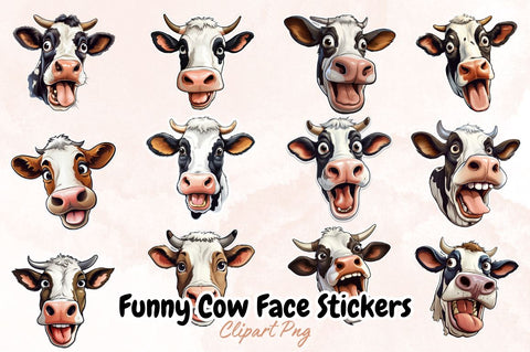 Watercolor Funny Cow Face Stickers Sublimation Bundle Sublimation Designangry 