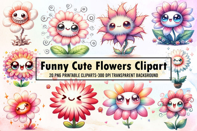 Watercolor Funny Cute Flowers Clipart Bundle Sublimation designartist 