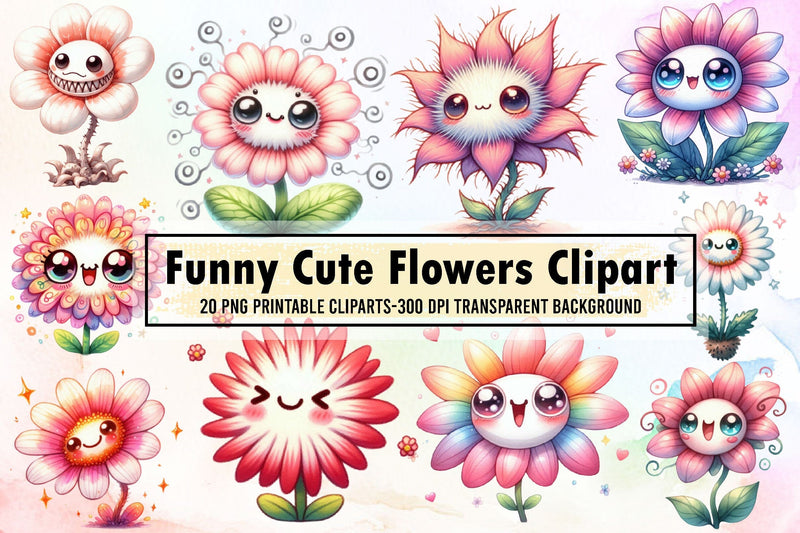 Watercolor Funny Cute Flowers Clipart Bundle Sublimation designartist 