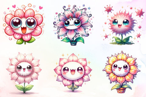 Watercolor Funny Cute Flowers Clipart Bundle Sublimation designartist 