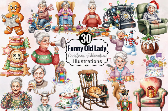 Watercolor Funny Old Lady Christmas Clipart Bundle. Sublimation SVGArt 