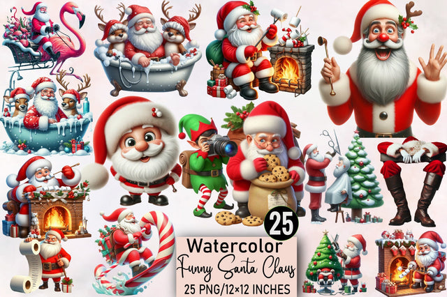 Watercolor Funny Santa Claus Clipart Bundle. Sublimation SVGArt 