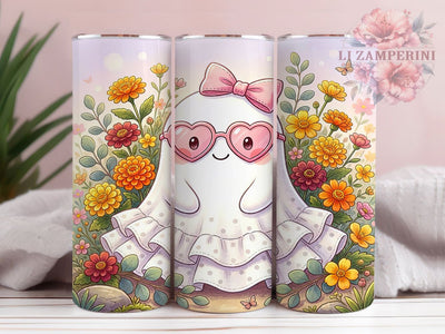 Watercolor Ghost Kawaii Charm 20oz Tumbler, Cute Ghost, Pink Sunglasses, Rosy Cheeks, Polka Dot Dress, Skinny Tumbler, Sublimation PNG Sublimation Li Zamperini 