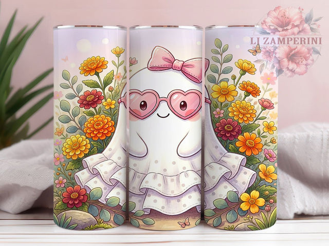 Watercolor Ghost Kawaii Charm 20oz Tumbler, Cute Ghost, Pink Sunglasses, Rosy Cheeks, Polka Dot Dress, Skinny Tumbler, Sublimation PNG Sublimation Li Zamperini 