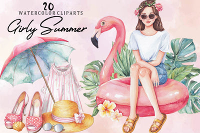 Watercolor Girly Summer Clipart Bundle. Sublimation SVGArt 