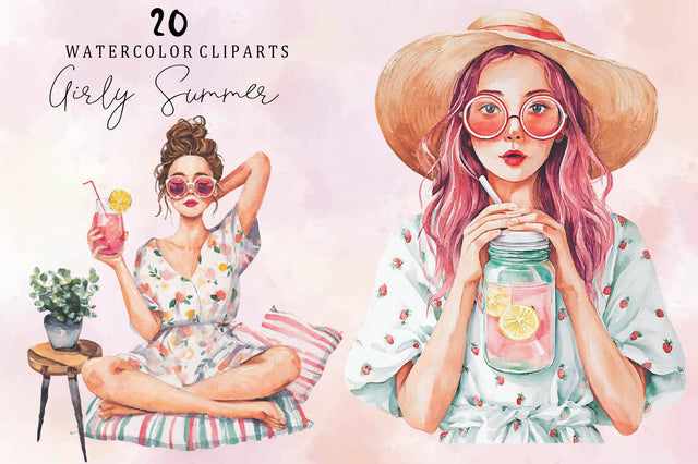 Watercolor Girly Summer Clipart Bundle. Sublimation SVGArt 