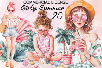 Watercolor Girly Summer Clipart Bundle. Sublimation SVGArt 